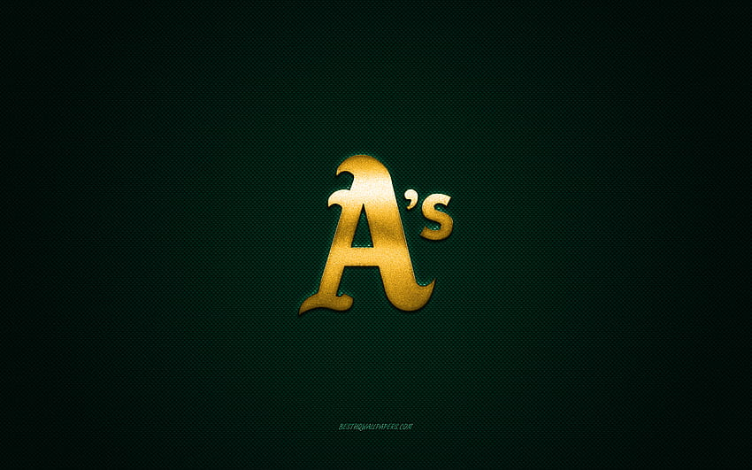 Oakland Athletics emblem, American baseball club, yellow logo, green carbon fiber background, MLB, Oakland Athletics Insignia, baseball, Oakland, USA, Oakland Athletics HD wallpaper