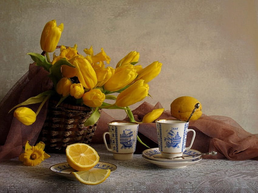 Tea for two, teacups, table, tea, slice, tulips, cups, basket, saucers, brown, lemon, yellow, flowers, friendship, cloth, two cup, spoon HD wallpaper