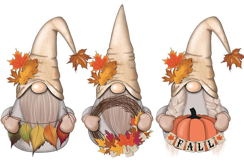 Autumn Gnomes, pumpkins, changing, leaves, fall, colors, autumn, three, gnomes HD wallpaper