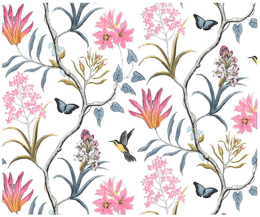 Chinoiserie Bedroom Wall Covering Modern Vintage Pink Floral Blue Tropical Butterfly Birds Flower Wall Paper, 5.3㎡ HD wallpaper
