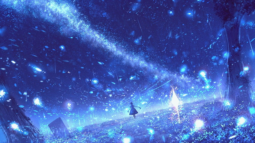 Anime-Landschaft, glänzende Farben, Partikel, Anime-Mädchen, Landschaft, magische Welt für Breit HD-Hintergrundbild