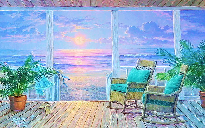 Evening Breeze, artwork, sea, painting, armchairs, clouds, sky, veranda, sunset HD wallpaper