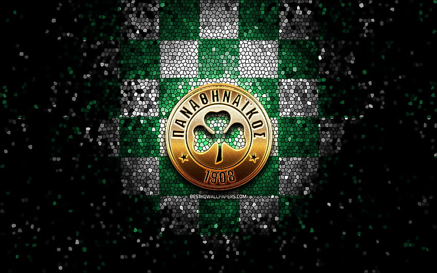 Panathinaikos FC, glitter logo, Super League Greece, green white checkered background, soccer, greek football club, Panathinaikos logo, mosaic art, football, Panathinaikos HD wallpaper