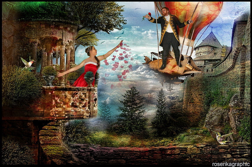 **Challenge Romance**, birds, plants, colors, manipulation, magical, animals, men, couple, trees, castle, female, sweet, challenge, fantasy, pretty, romantic, models, lovely, sweetheart, colorful, lover, darling, cute, digital art, rose, balloons, hearts, beautiful, romance, people, red, love, cool, clouds, girls, sky, flowers, women, splendor HD wallpaper