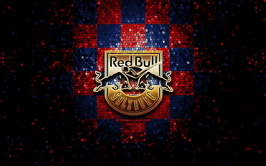EC Red Bull Salzburg, parıltılı logo, ICE Hockey League, kırmızı, mavi kareli arka plan, hokey, avusturya hokey takımı, EC Red Bull Salzburg logosu, mozaik sanatı HD duvar kağıdı