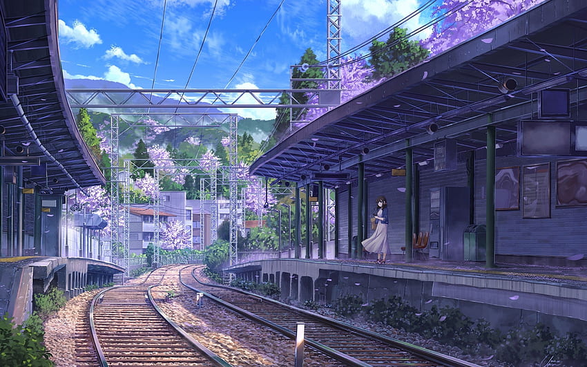 アニメ鉄道駅、女の子、夏、紫色の花 MacBook Pro 15 インチ用 高画質の壁紙