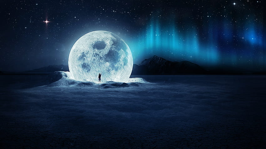 Touching the moon, aurora, digital, moon, glow, landscape, sky, girl, stars HD wallpaper