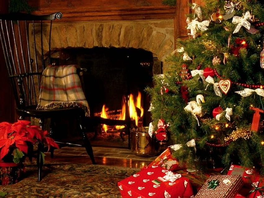 ~ ღ Christmas tree ღ ~, architecture, house, Christmas tree, living room, fireplace HD wallpaper