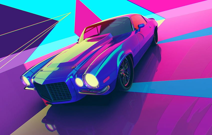 Auto, Machine, Style, Car, Render, Style, Neon, Rendering, Illustration, Explosion, 80's, Synth, Retrowave, Synthwave, New Retro Wave, Futuresynth for , section рендеринг, 80s Retro Car HD wallpaper
