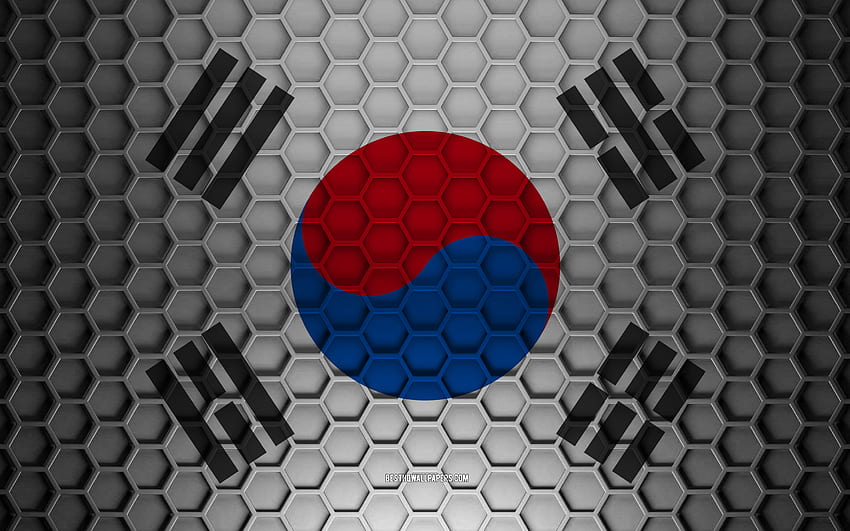 Drapeau de la Corée du Sud, texture d'hexagones 3d, Corée du Sud, texture 3d, drapeau 3d de la Corée du Sud, texture en métal, drapeau de la Corée du Sud Fond d'écran HD