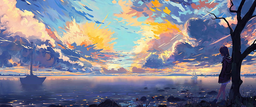 Anime Landschaft, Meer, Schiffe, Bunt, 3440X1440 Anime HD-Hintergrundbild