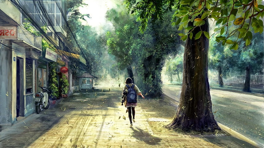concept Art, Anime, Street, Trees, Spring, Sunlight / and Mobile Background, Spring Street HD wallpaper