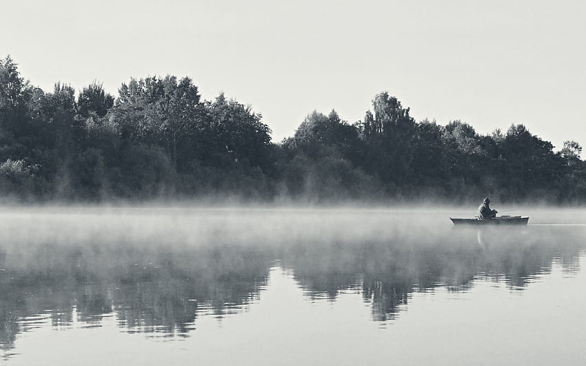 Natura, rzeki, mgła, poranek, czarno-biały, rybak Tapeta HD