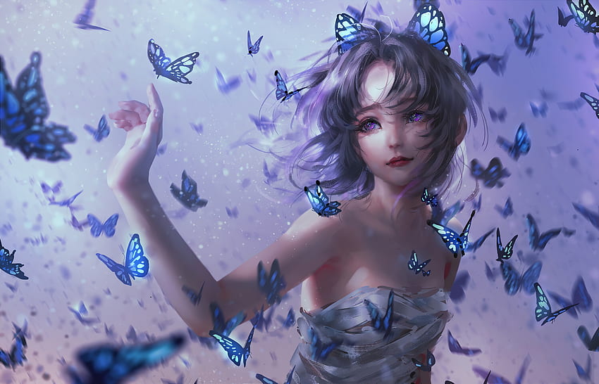 ღ, Anime, Black hair, Dress, Purple eyes, Butterflies HD wallpaper