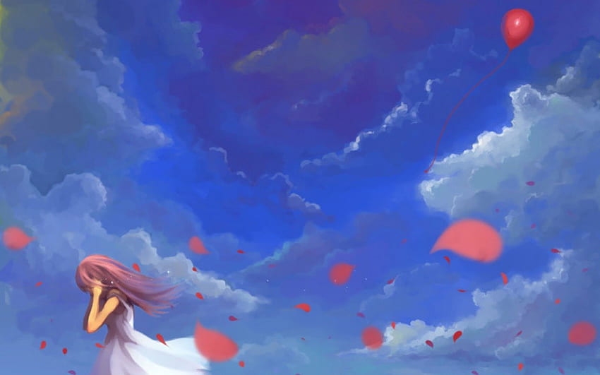 Vocaloid Luka Megurine, blue, luka, petals, luka megurine, sky, balloon, cloud HD wallpaper