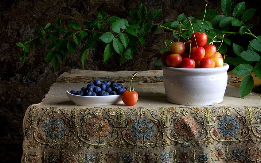 Sweet Cherry, Food, Bilberries, Berries, Still Life, Branch, Table, Tablecloth HD wallpaper