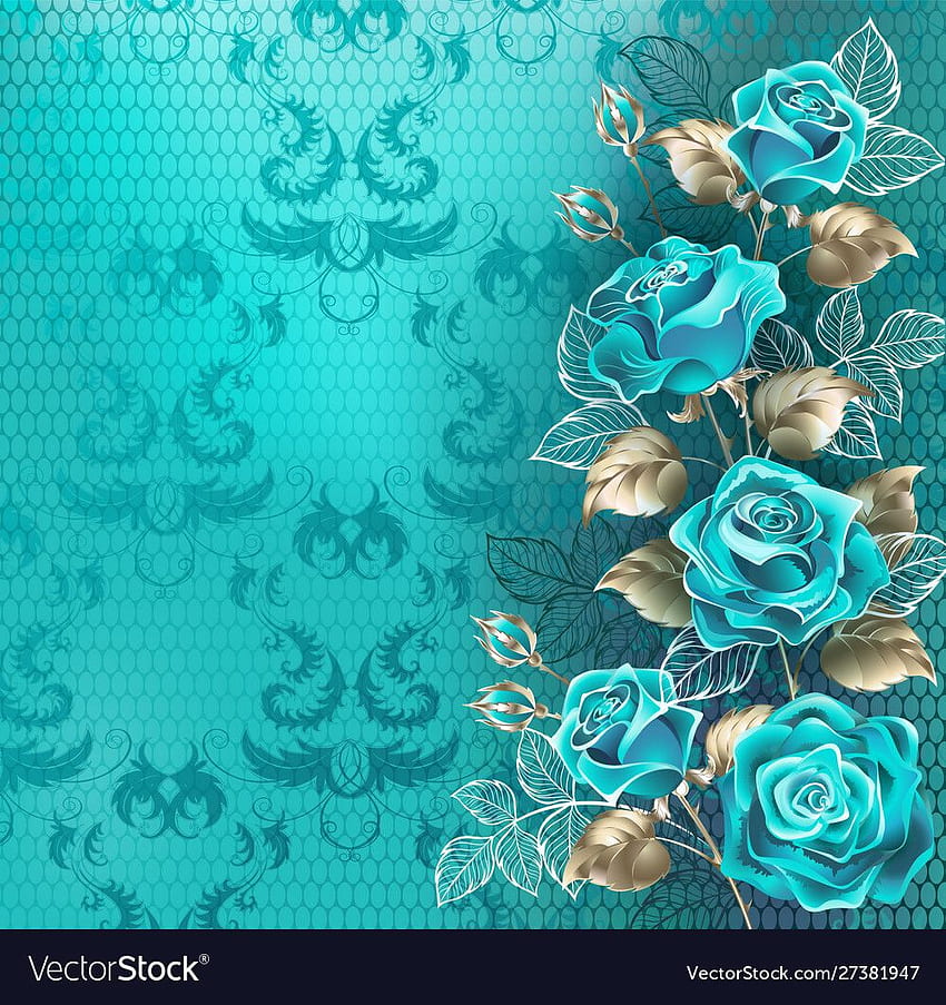 Composition of turquoise roses with leaves of white gold and contour white leaves on turquoise, lace backgr. Flower , Glitter phone , Flower art, Teal Rose HD phone wallpaper