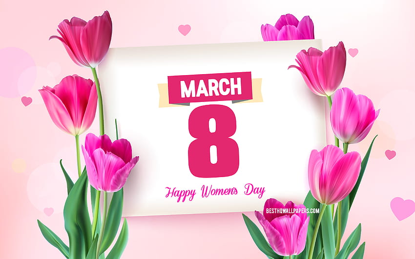 8 marca, tło z różowymi tulipanami, kartkę z życzeniami 8 marca, szablon 8 marca, Międzynarodowy Dzień Kobiet, różowe tulipany Tapeta HD