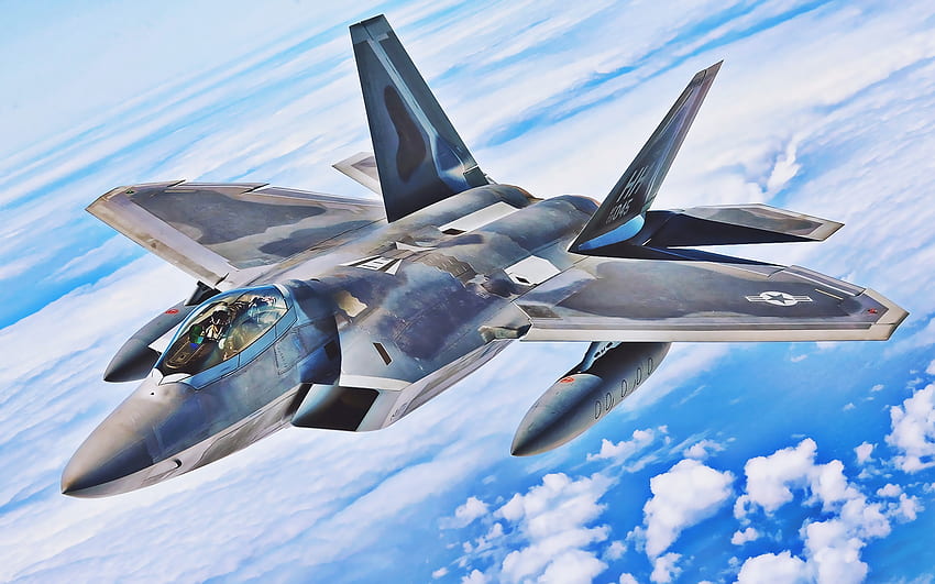 Lockheed Martin F-22 Raptor, US Air Force, błękitne niebo, samolot bojowy, myśliwiec odrzutowy, myśliwiec, USAF, R, Lockheed Martin, US Army Tapeta HD