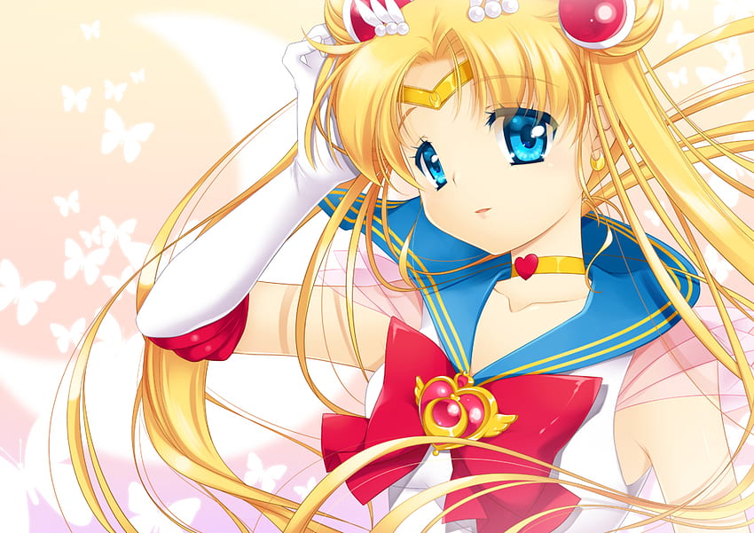 Sailor Moon, blue, blonde, pigtails, uniform, necklace, moon, bow, accessories, white, power, ribbon, girl, gloves, sailor, choker, anime, red HD wallpaper