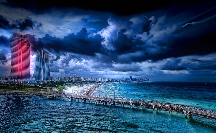 Threatening skies, clouds, city, dark, storm HD wallpaper