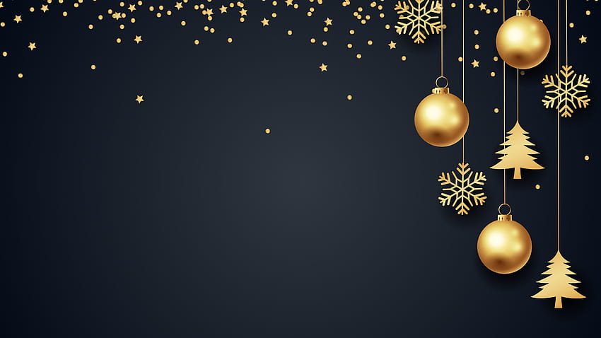 Златна коледна украса Топки Орнаменти Звезди Черен фон Коледа HD тапет