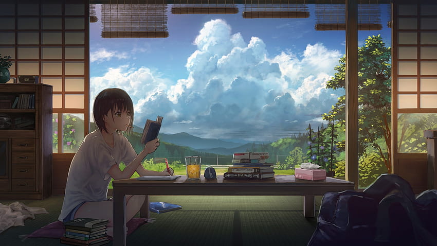 Chica anime, Lectura, Verano, Nubes, Paisaje, Pelo corto para iMac de 27 pulgadas, Chica anime Lectura fondo de pantalla