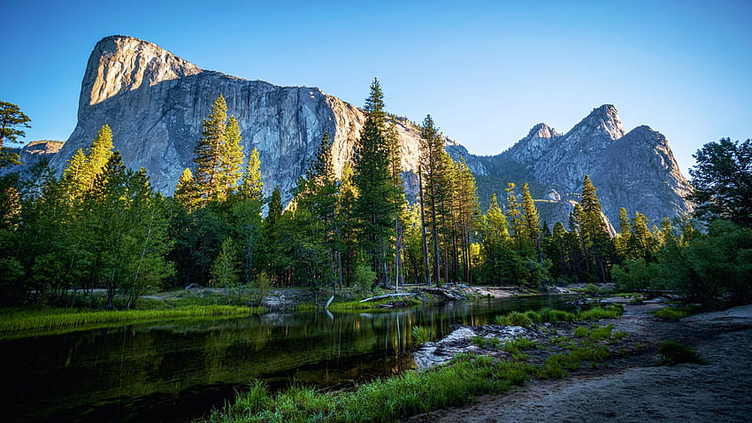 Yosemite Valley Sunrise, river, california, trees, sky, mountains, usa HD wallpaper