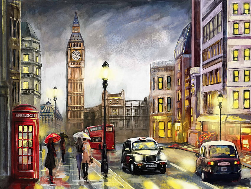 Pintura al Óleo sobre Lienzo Vista de la calle de Londres Premium , Pintura al Óleo fondo de pantalla
