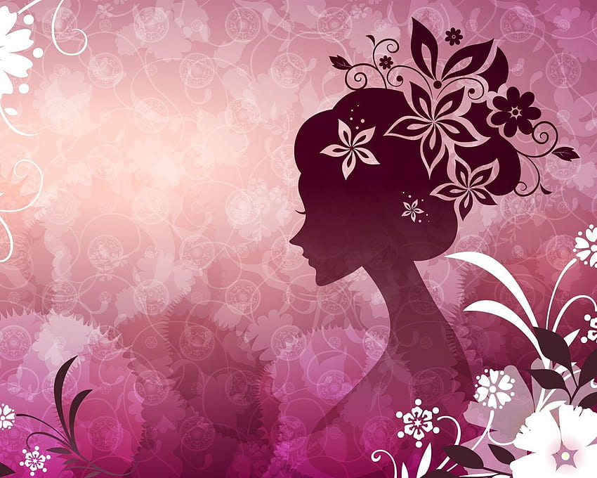 Mulher de vetor com flores cor de rosa. Design de plano de fundo do pôster, Silhueta de flor, Garota de arte digital, Tema de flor papel de parede HD