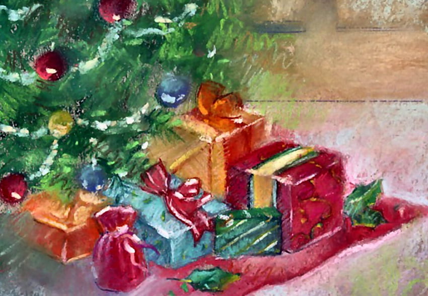 Regalos bajo el árbol, diciembre, arte, regalos, ilustración, árbol, obra de arte, ocasión, ancha, feriado, Navidad fondo de pantalla
