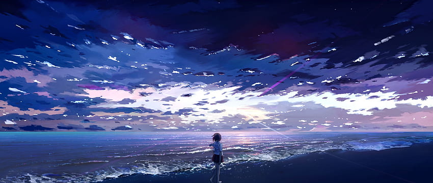 Anime girl, seashore, beach, art , 2560X1080 Beach HD wallpaper