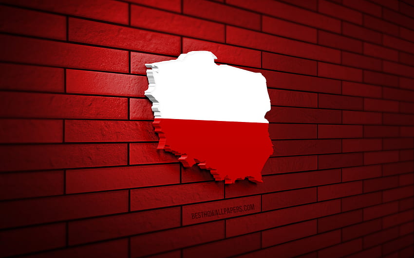 Mappa della Polonia, muro di mattoni rossi, paesi europei, sagoma della mappa della Polonia, bandiera della Polonia, Europa, mappa polacca, bandiera polacca, Polonia, bandiera della Polonia, mappa 3D polacca Sfondo HD