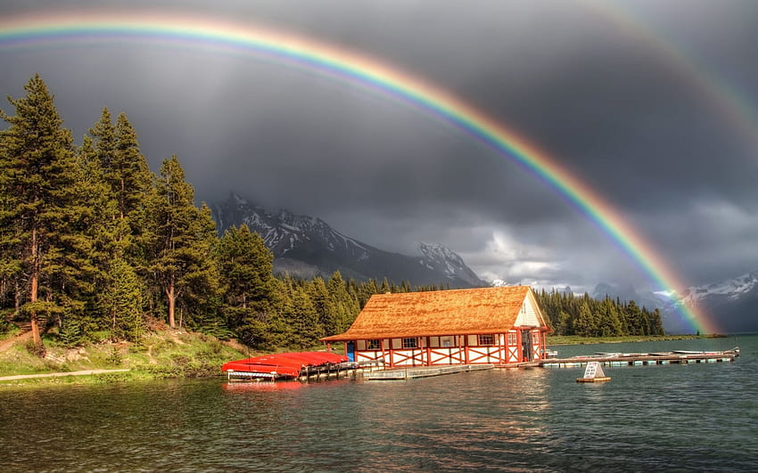 Rainbow Above the Lodge, rainbow, lodge, trees, sky, nature, forest, lake HD wallpaper