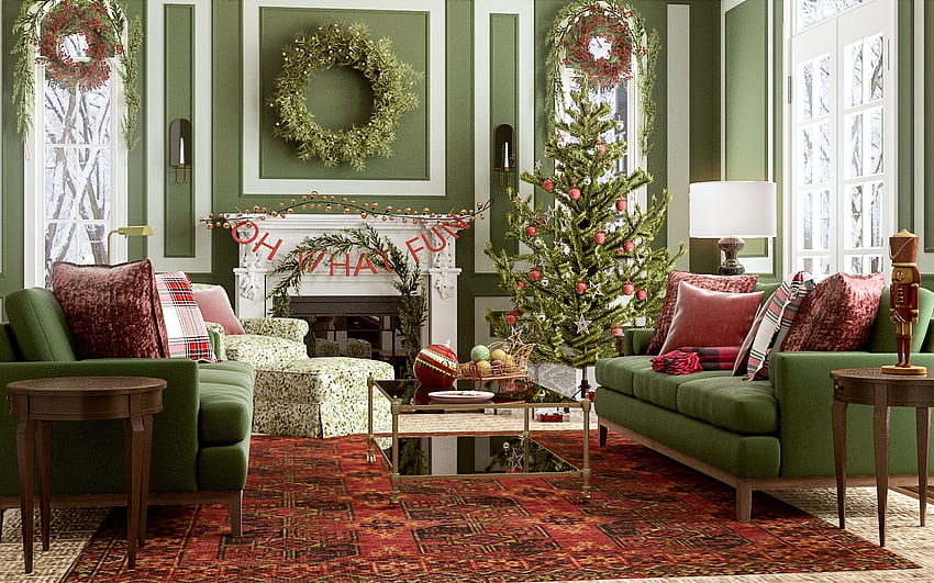 Christmas by Fireplace, spruce, interior, room, Christmas, fireplace HD wallpaper