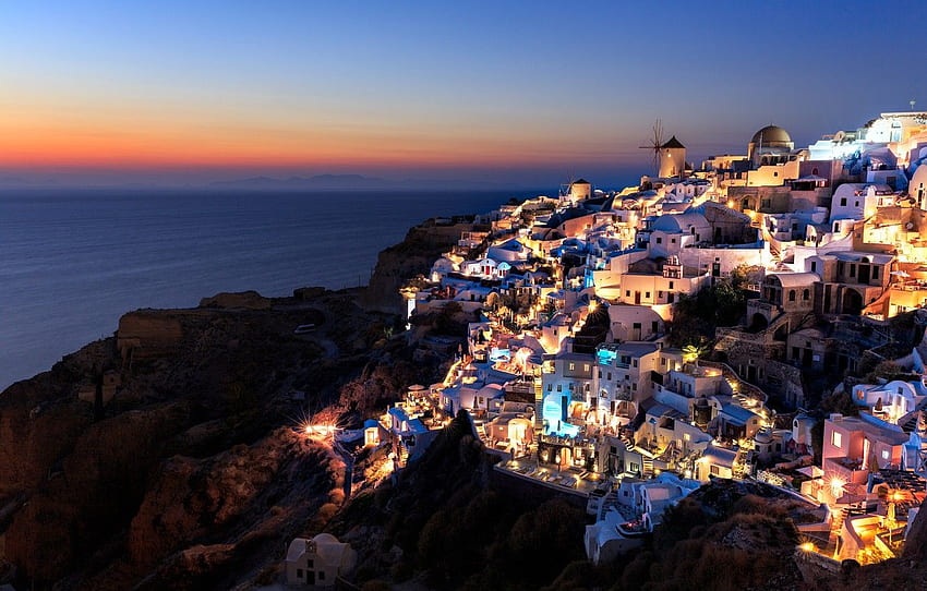 morze, noc, dom, Santorini, Grecja dla , sekcja город, Santorini Grecja Tapeta HD