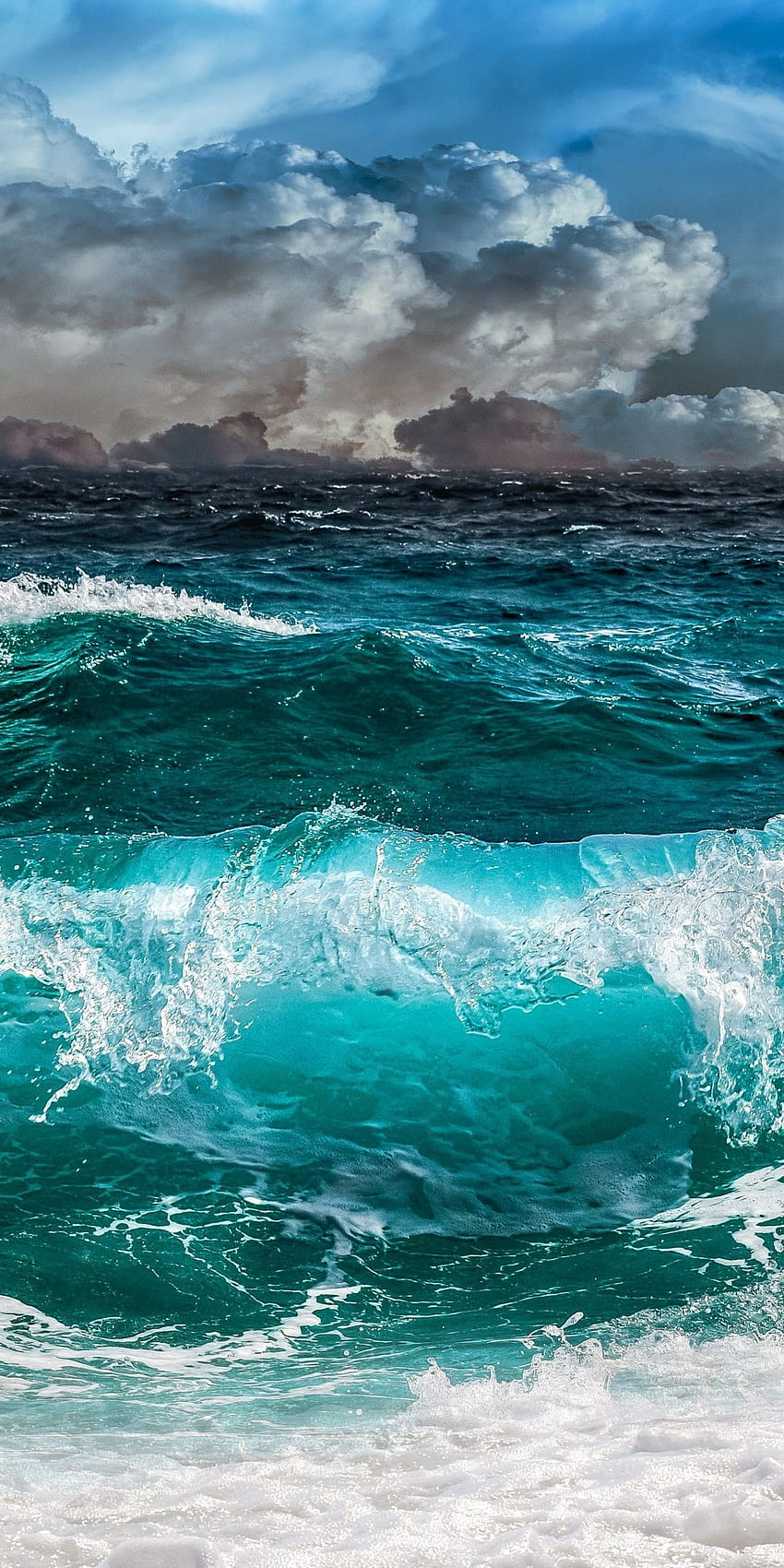 Waves Sea, Sky, Clouds, Blue Green, Storm HD phone wallpaper