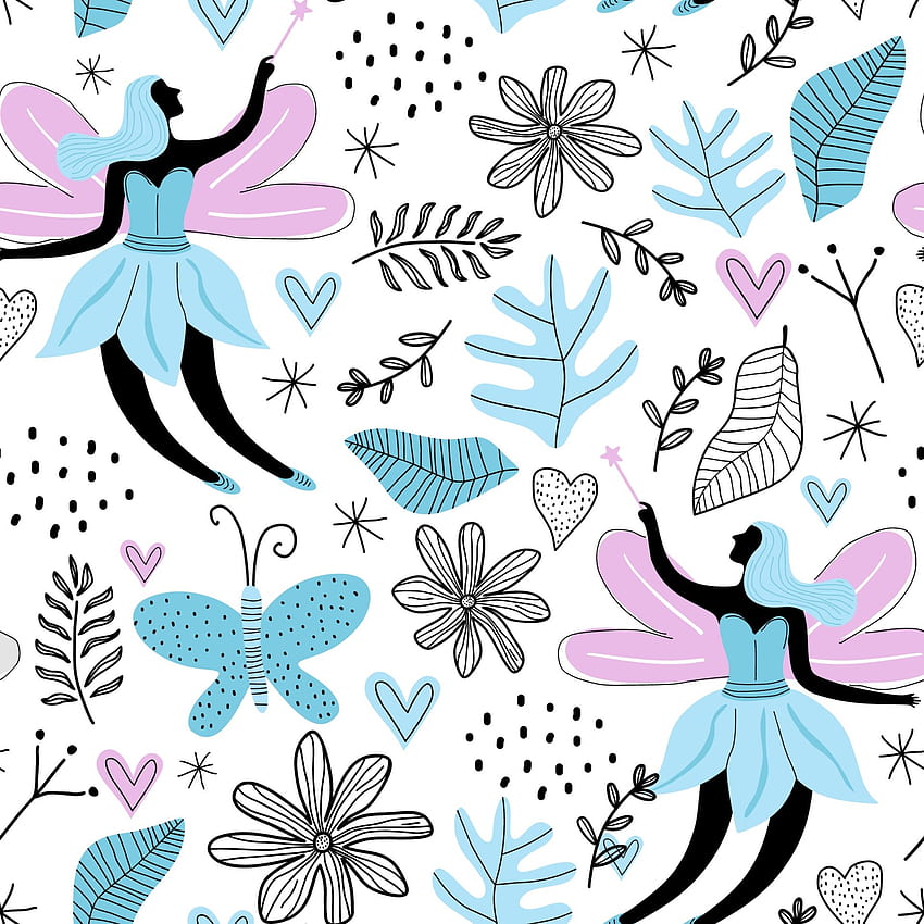 Seamless pattern with cartoon cute fairy, butterfly, flowers, leave and love isolated on white background. Fabric design for girls artworks, , prints. Vector kids illustration 2100214 Vector Art at Vecteezy HD phone wallpaper