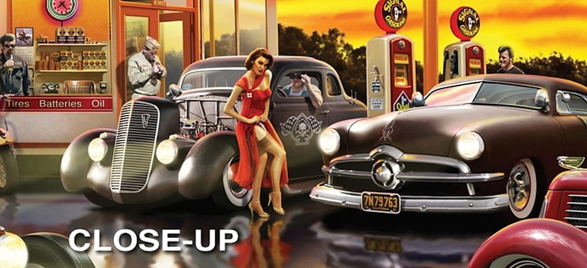 Nahaufnahme, 50er, 50er, Soldat, Autos, Bahnhof, Malerei, Gas, Amerika, Vintage HD-Hintergrundbild