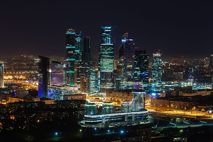 都市, 建築, モスクワ, 夜の街, 街の明かり, 超高層ビル, ロシア, モスクワ市 高画質の壁紙