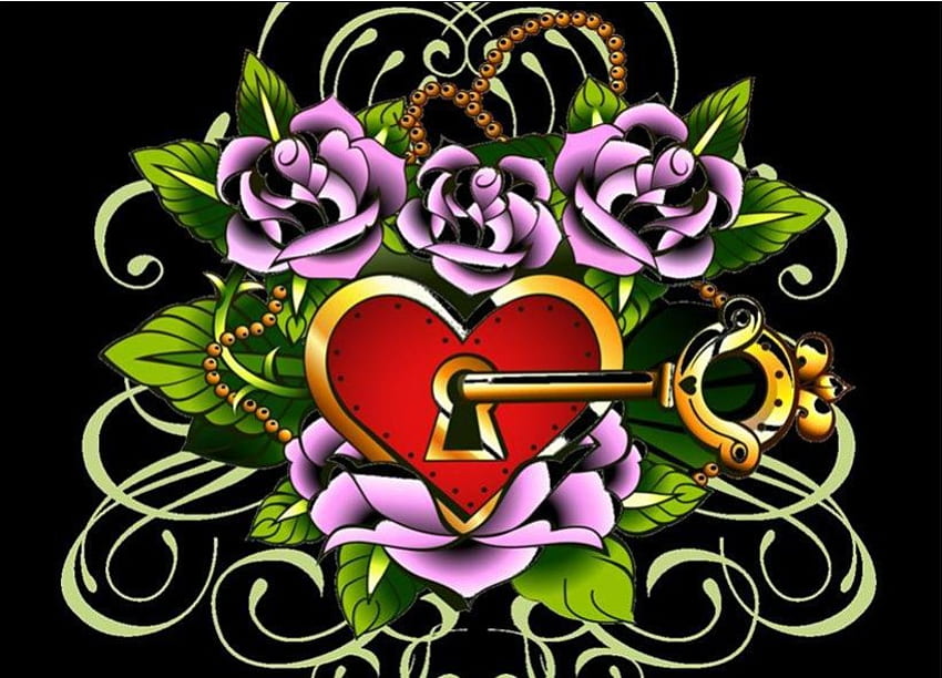 Kunci hatiku, pusaran, kunci emas, cinta, gembok hati, mawar ungu muda Wallpaper HD