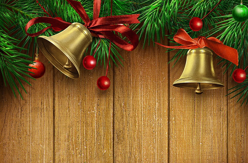Joyeuses fêtes!, or, cloche, craciun, bois, rouge, Noël, carte, nouvel an, vert Fond d'écran HD