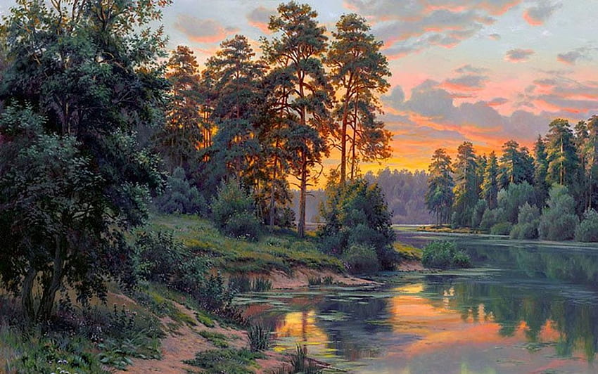 Warna Malam, sungai, lukisan, alam, hutan, matahari terbenam, malam Wallpaper HD
