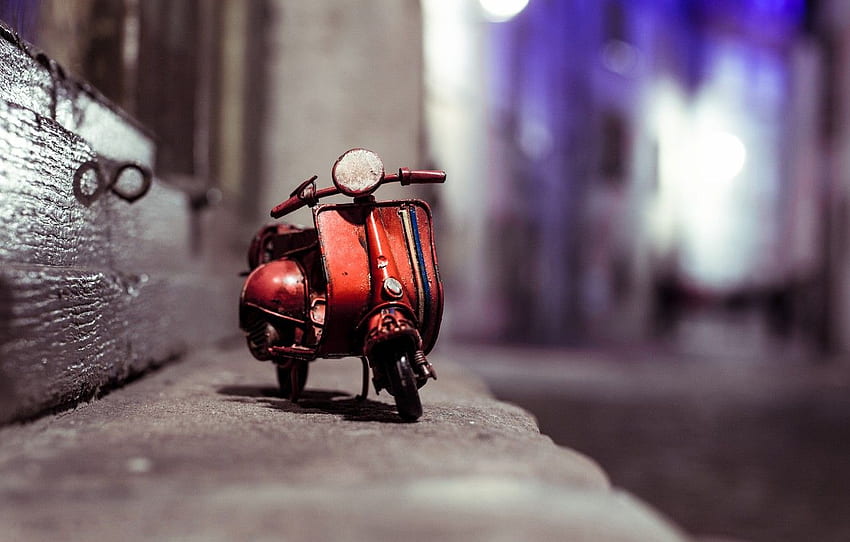 macro, night, street, model, toy, moped, border, Miniature HD wallpaper
