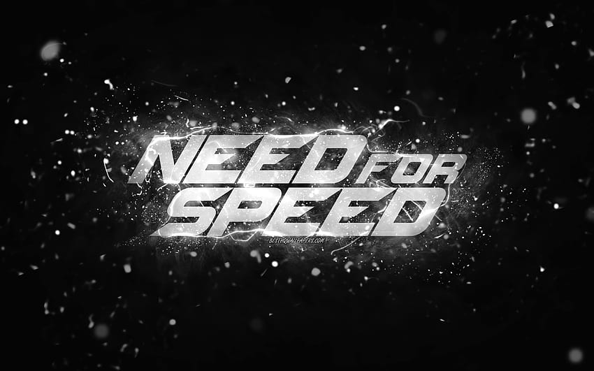 Бяло лого на Need for Speed, , NFS, бели неонови светлини, творчески, черен абстрактен фон, лого на Need for Speed, лого на NFS, Need for Speed HD тапет