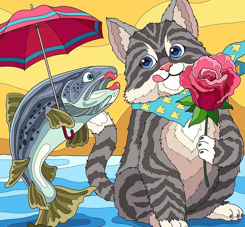 :D, parasol, sztuka, kot, róża, lato, fantasy, pisici, żółty, czerwony, pesti, kwiat, ostry taggar, ryba, vara Tapeta HD