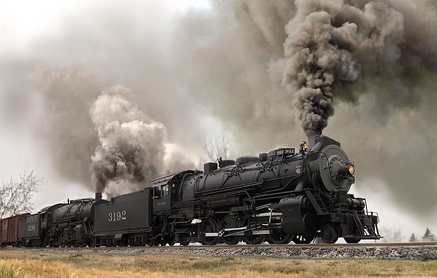 Черно-сива играчка влак, влак, дим, парен локомотив, превозно средство HD тапет