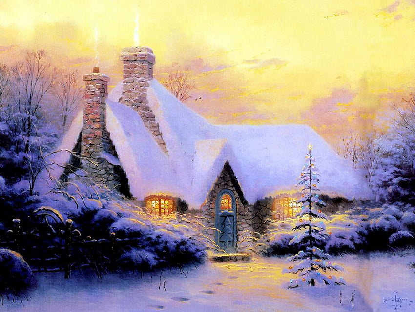 วันหยุด ฤดูหนาว ปีใหม่ หิมะ เปล่งประกาย แสง คริสต์มาส บ้าน หิน ต้นคริสต์มาส วอลล์เปเปอร์ HD