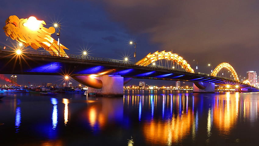 Puente Dragón de Da Nang, Vietnam, río, agua, luces, reflejos fondo de pantalla