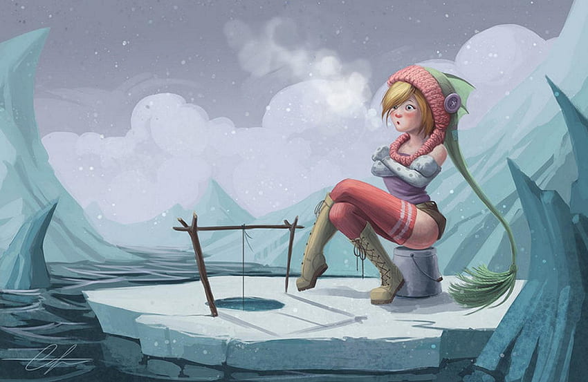 Ice Fishing, winter, cold, girl, illustration, ice HD wallpaper